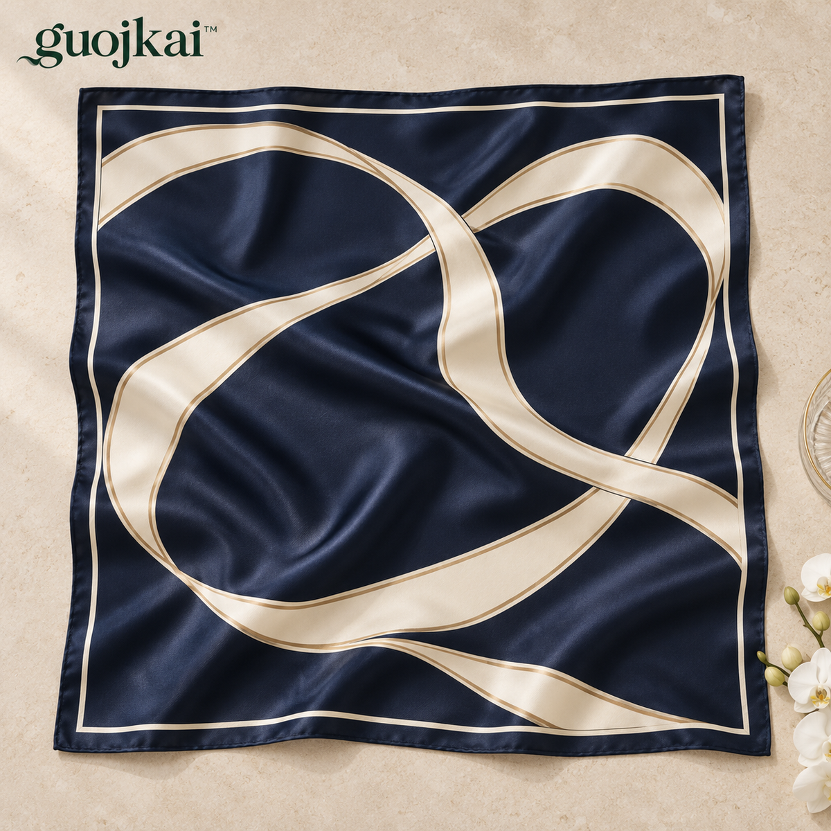 guojkai™ Midnight Ribbon Large Silk Square Scarf — Navy Abstract Ribbon Print Silk Twill Head & Neck Scarf, 35" x 35"