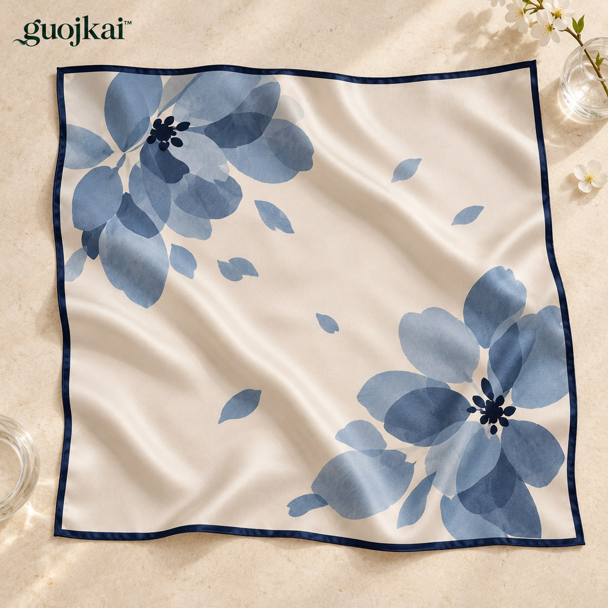 guojkai™ Blue Hour Petals Silk Square Scarf — Dusty Blue Floral Silk Twill Neck & Hair Scarf, 27.5" x 27.5"