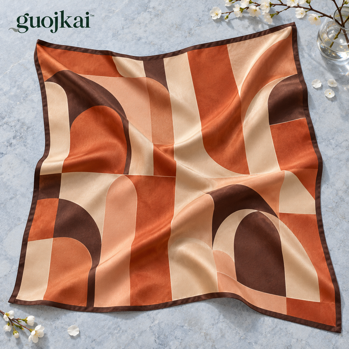 guojkai™ Terracotta Mosaic Silk Square Scarf — Terracotta Geometric Print Silk Twill Neckerchief, 27.5" x 27.5"