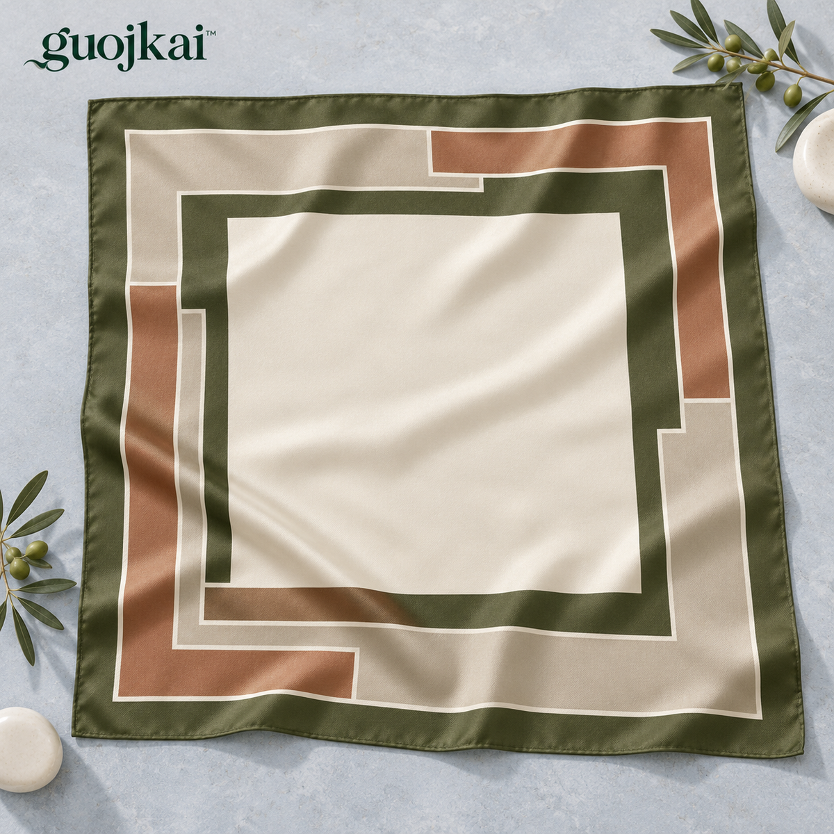 guojkai™ Olive Terrace Large Silk Square Scarf — Olive & Cream Geometric Silk Twill Neck Scarf, 35" x 35"