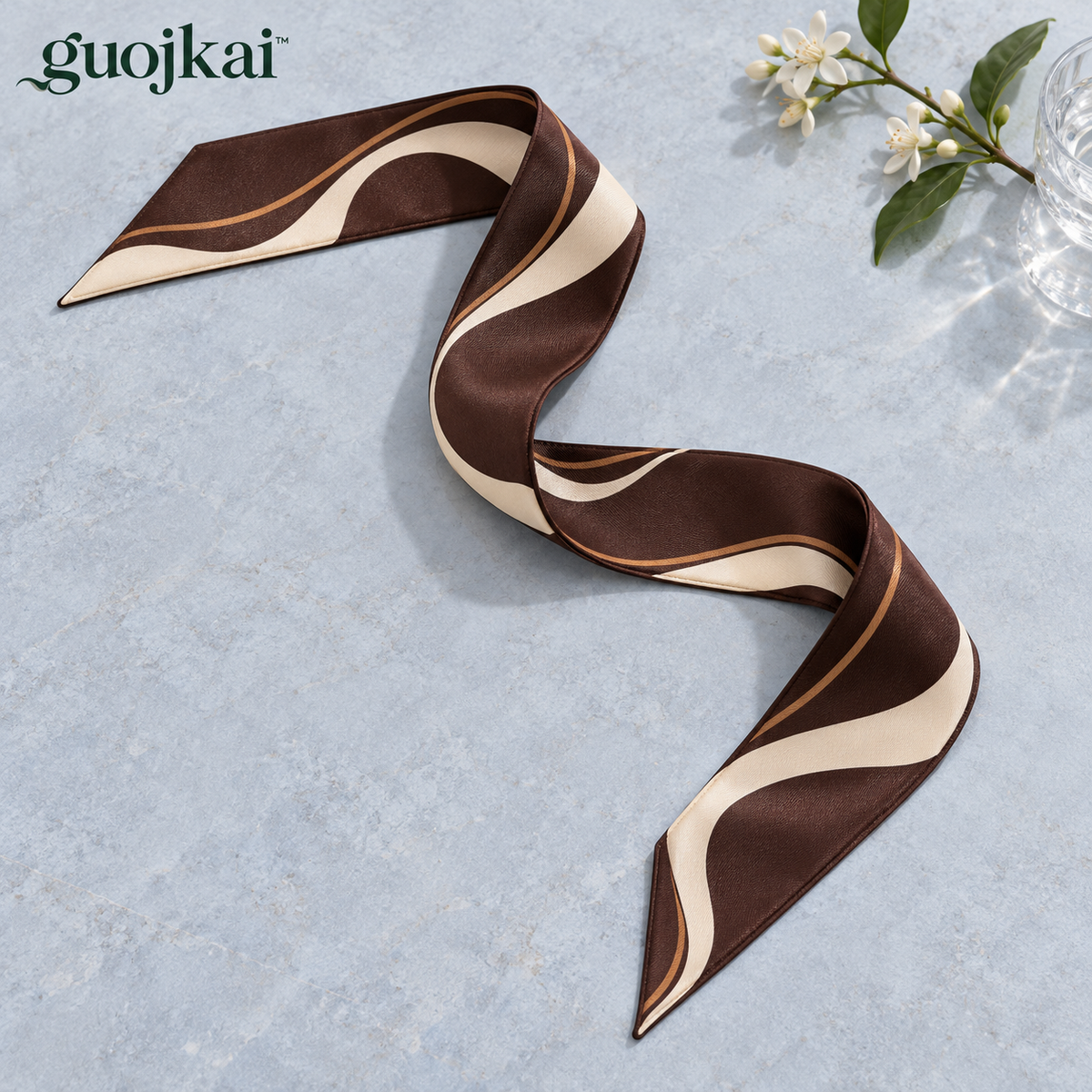 guojkai™ Café Contour Skinny Silk Scarf — Espresso Abstract Line Silk Twill Neck Tie & Bag Scarf, 2.5" x 47"