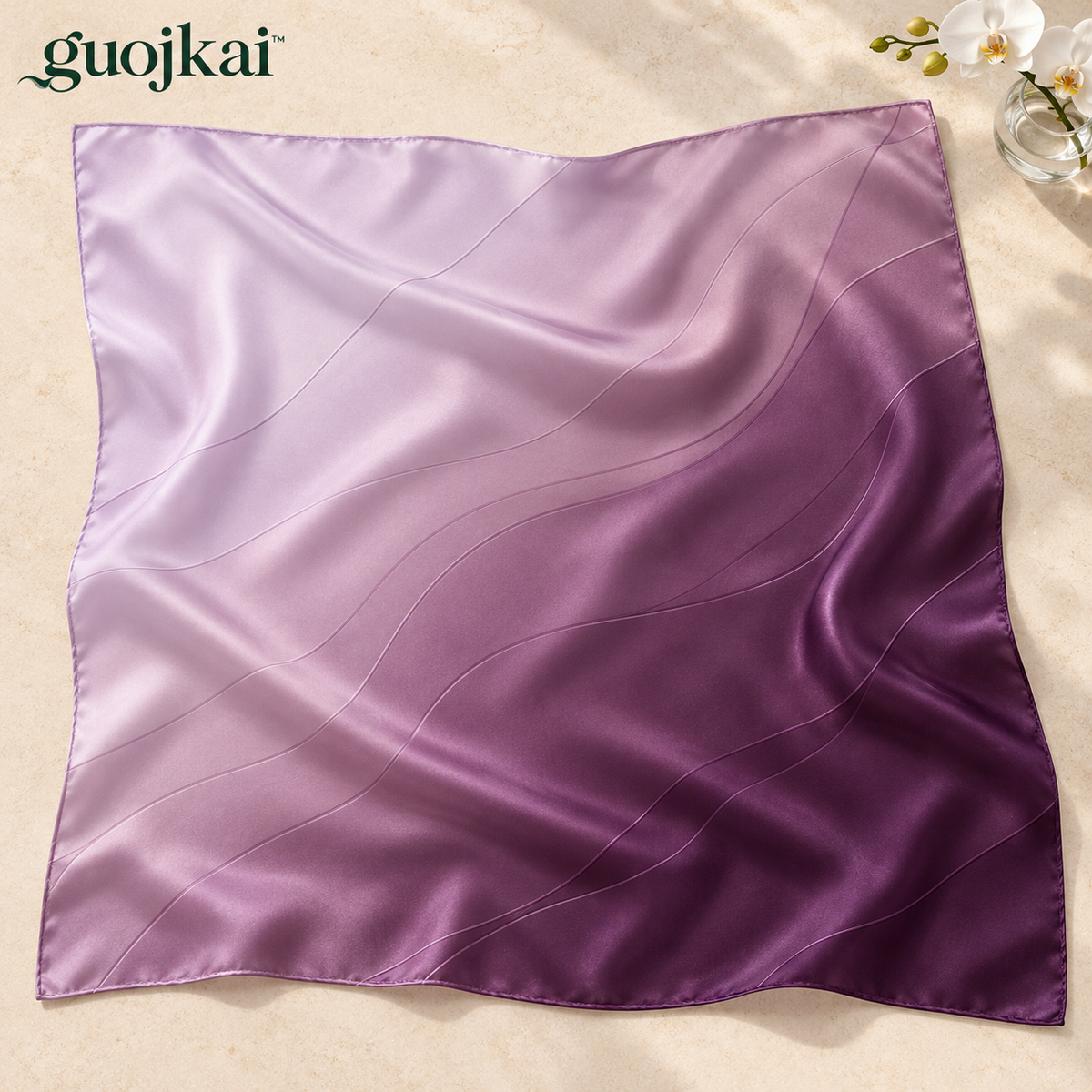 guojkai™ Lilac Passage Large Silk Square Scarf — Lilac Ombre Silk Satin Head & Neck Scarf, 35" x 35"