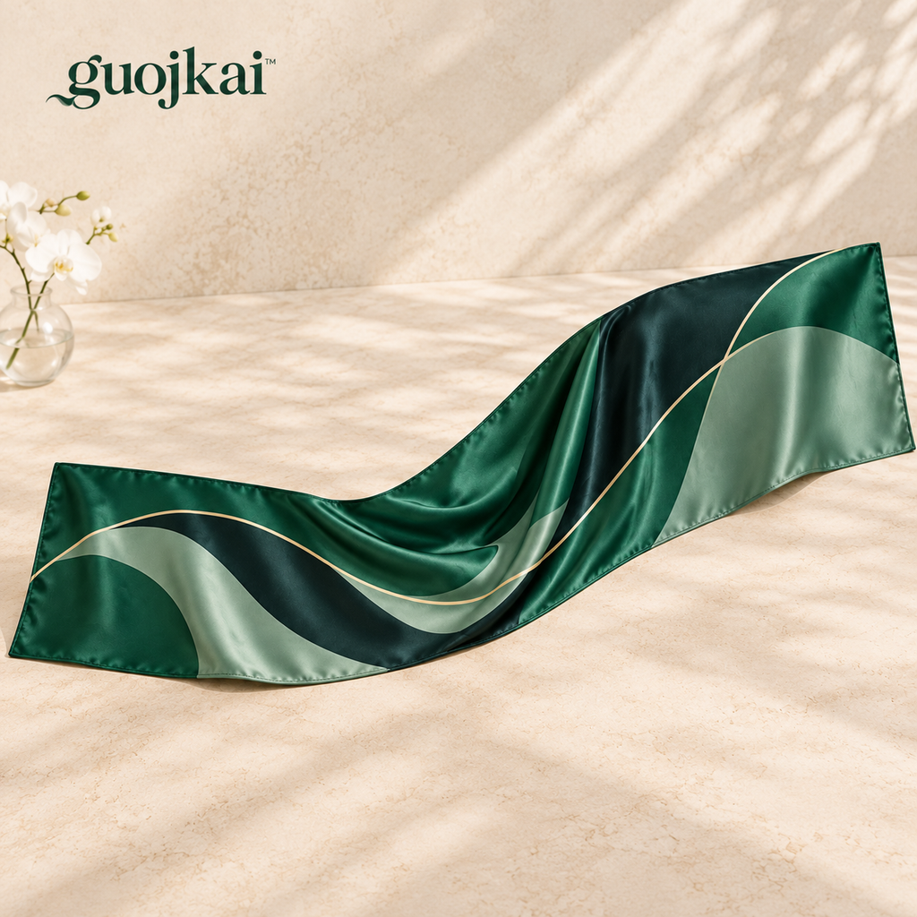 guojkai™ Emerald Afterglow Silk Wrap Scarf — Emerald & Ink Abstract Silk Satin Evening Shawl, 20" x 70"