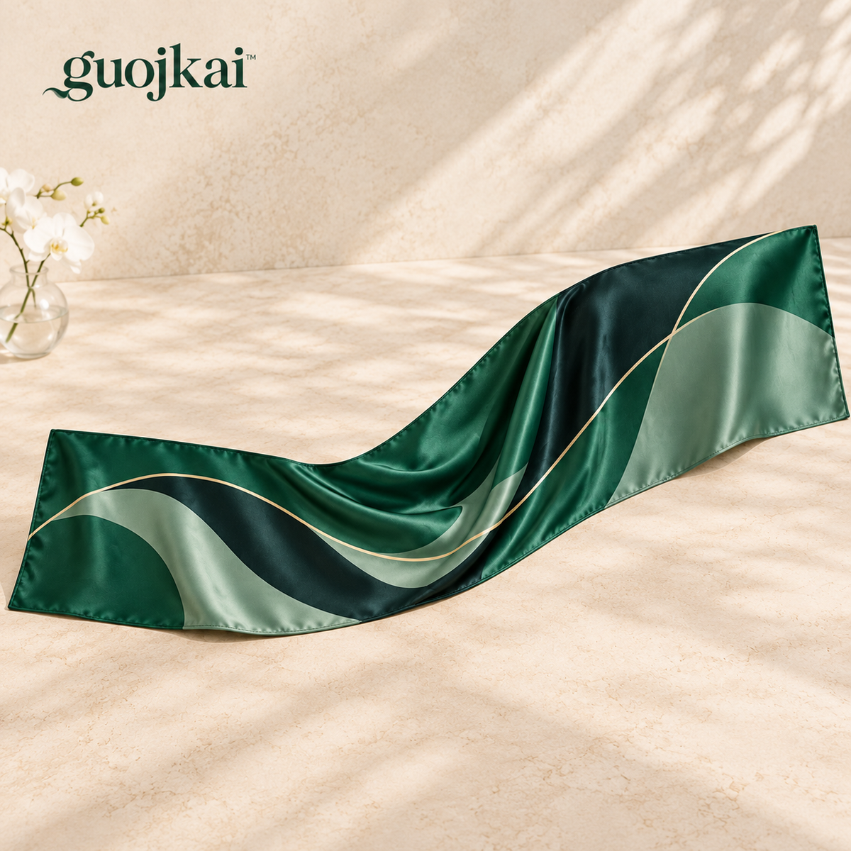 guojkai™ Emerald Afterglow Silk Wrap Scarf — Emerald & Ink Abstract Silk Satin Evening Shawl, 20" x 70"