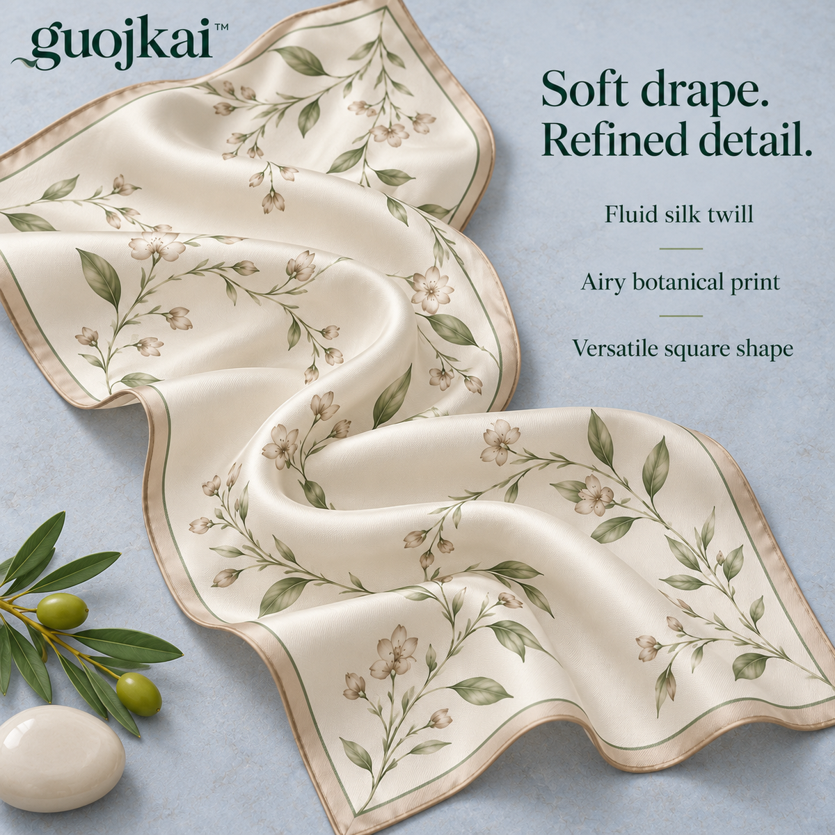 guojkai™ Ivory Reverie Silk Square Scarf — 100% Silk Twill Botanical Print Neck & Hair Scarf, 27.5" x 27.5"