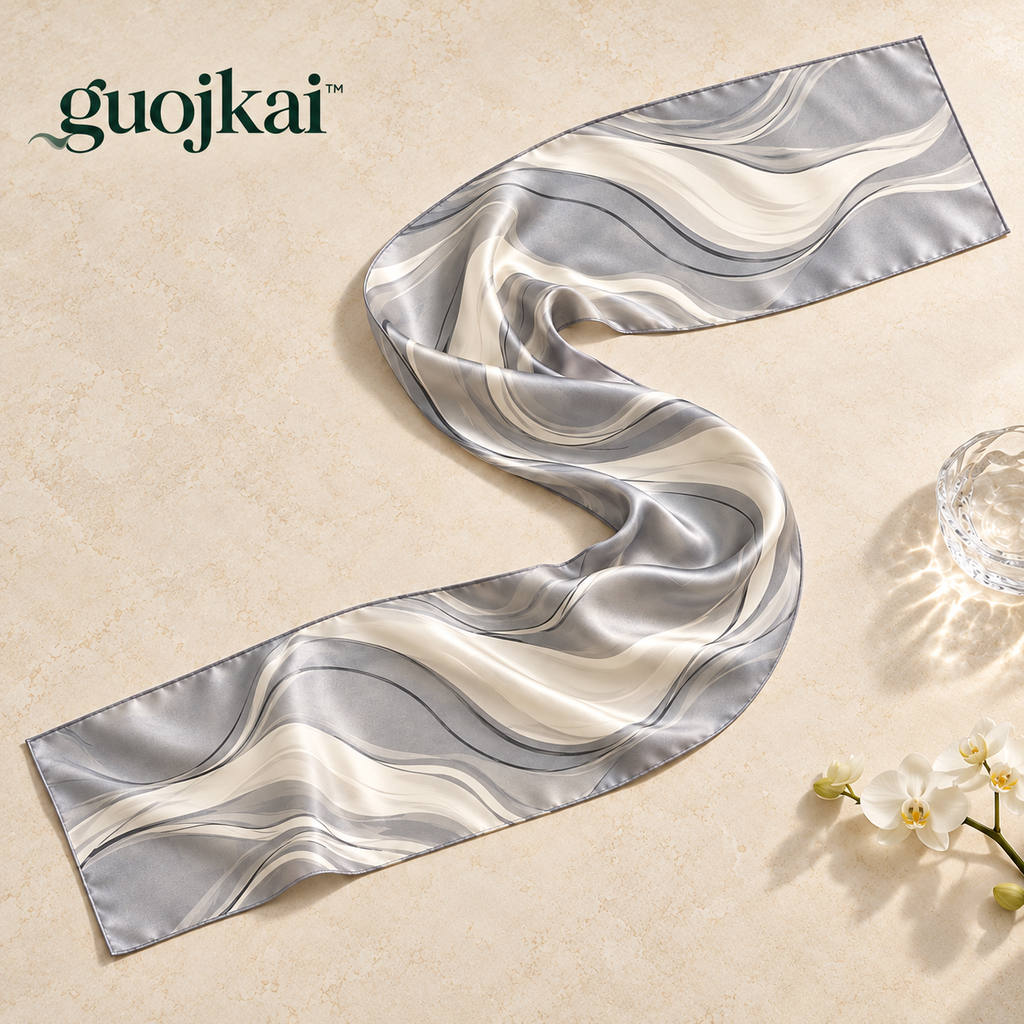 guojkai™ Pearl Current Long Silk Scarf — Pearl Gray Abstract Wave Silk Satin Neck Scarf, 12" x 70"