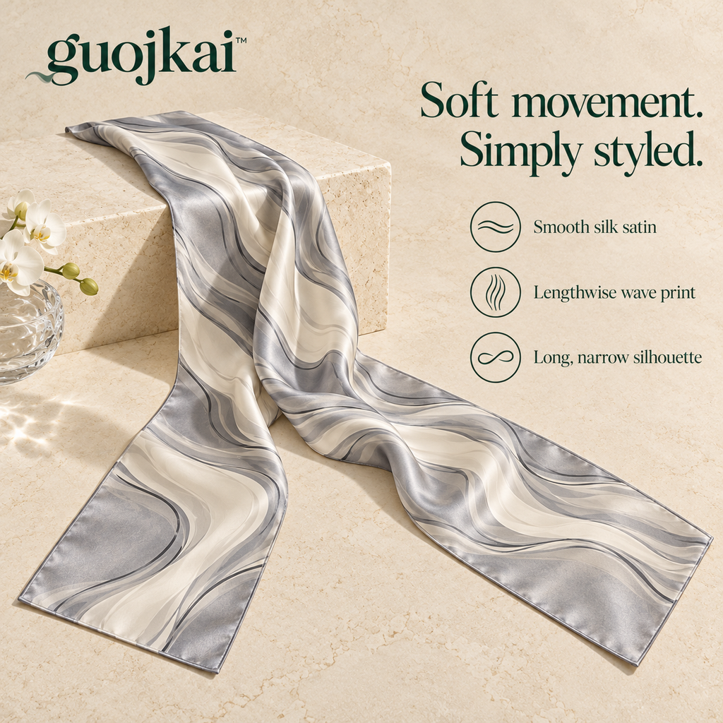 guojkai™ Pearl Current Long Silk Scarf — Pearl Gray Abstract Wave Silk Satin Neck Scarf, 12" x 70"