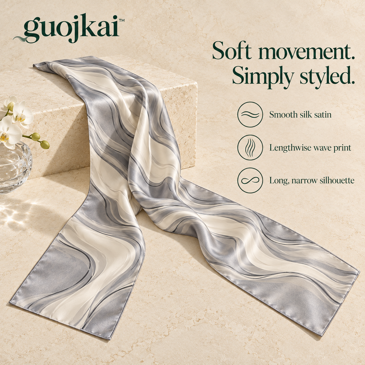 guojkai™ Pearl Current Long Silk Scarf — Pearl Gray Abstract Wave Silk Satin Neck Scarf, 12" x 70"