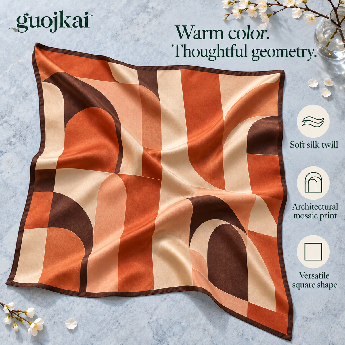 guojkai™ Terracotta Mosaic Silk Square Scarf — Terracotta Geometric Print Silk Twill Neckerchief, 27.5" x 27.5"