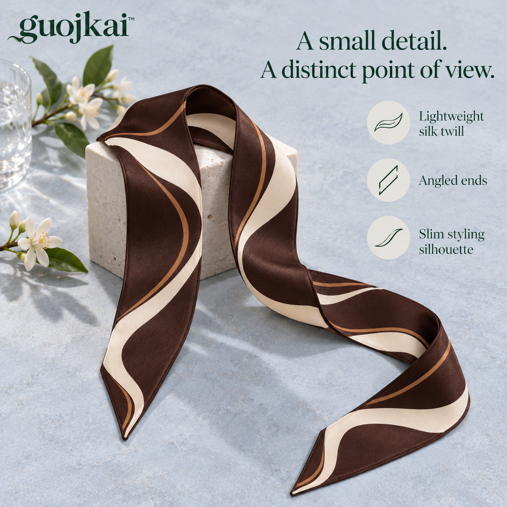 guojkai™ Café Contour Skinny Silk Scarf — Espresso Abstract Line Silk Twill Neck Tie & Bag Scarf, 2.5" x 47"