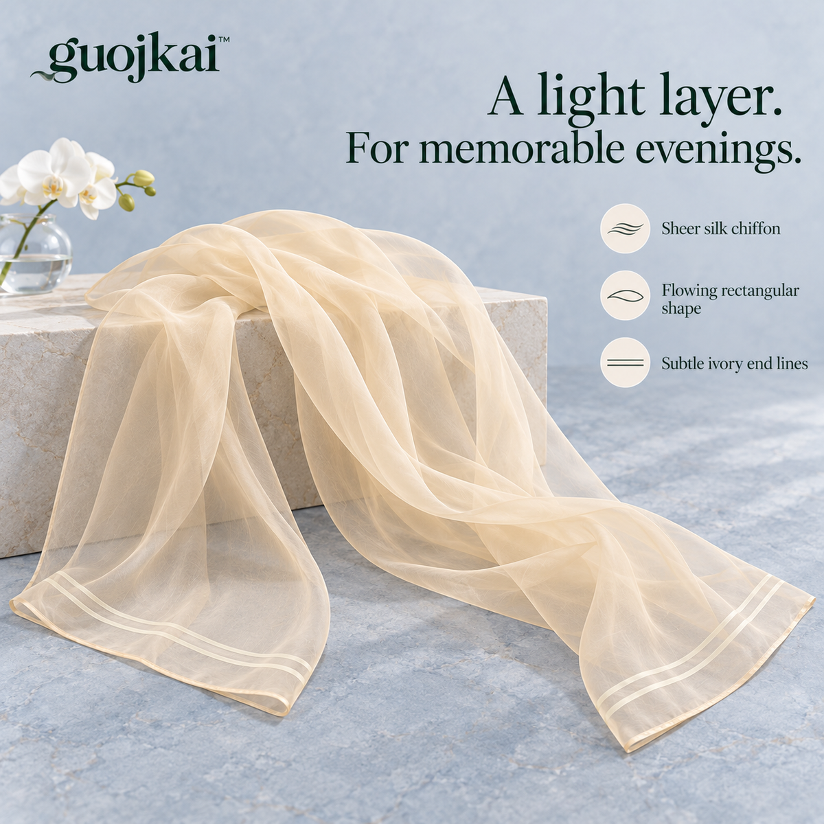 guojkai™ Champagne Veil Silk Chiffon Wrap — Sheer Champagne Evening Scarf & Lightweight Shawl, 20" x 70"