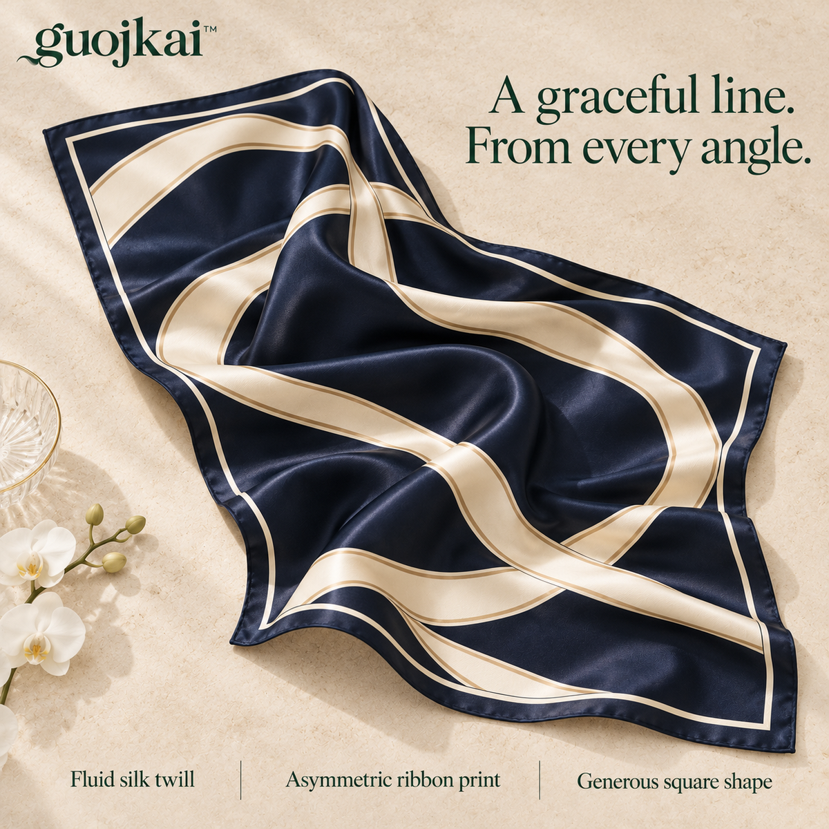 guojkai™ Midnight Ribbon Large Silk Square Scarf — Navy Abstract Ribbon Print Silk Twill Head & Neck Scarf, 35" x 35"