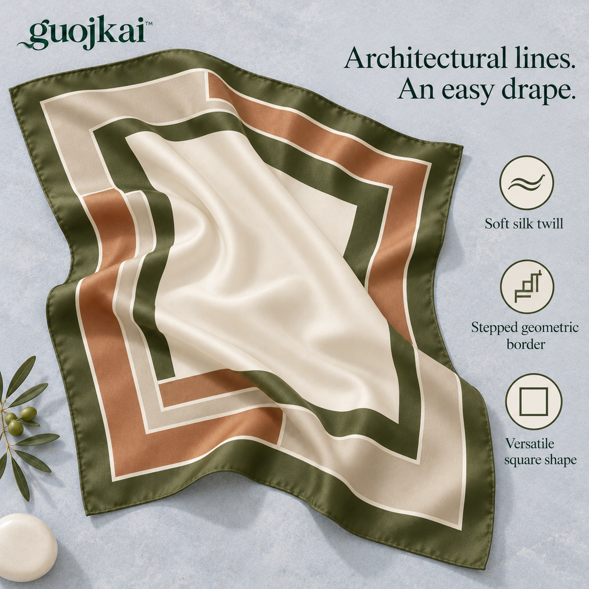 guojkai™ Olive Terrace Large Silk Square Scarf — Olive & Cream Geometric Silk Twill Neck Scarf, 35" x 35"