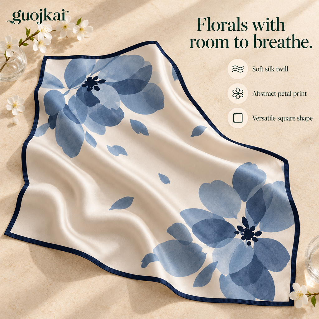 guojkai™ Blue Hour Petals Silk Square Scarf — Dusty Blue Floral Silk Twill Neck & Hair Scarf, 27.5" x 27.5"