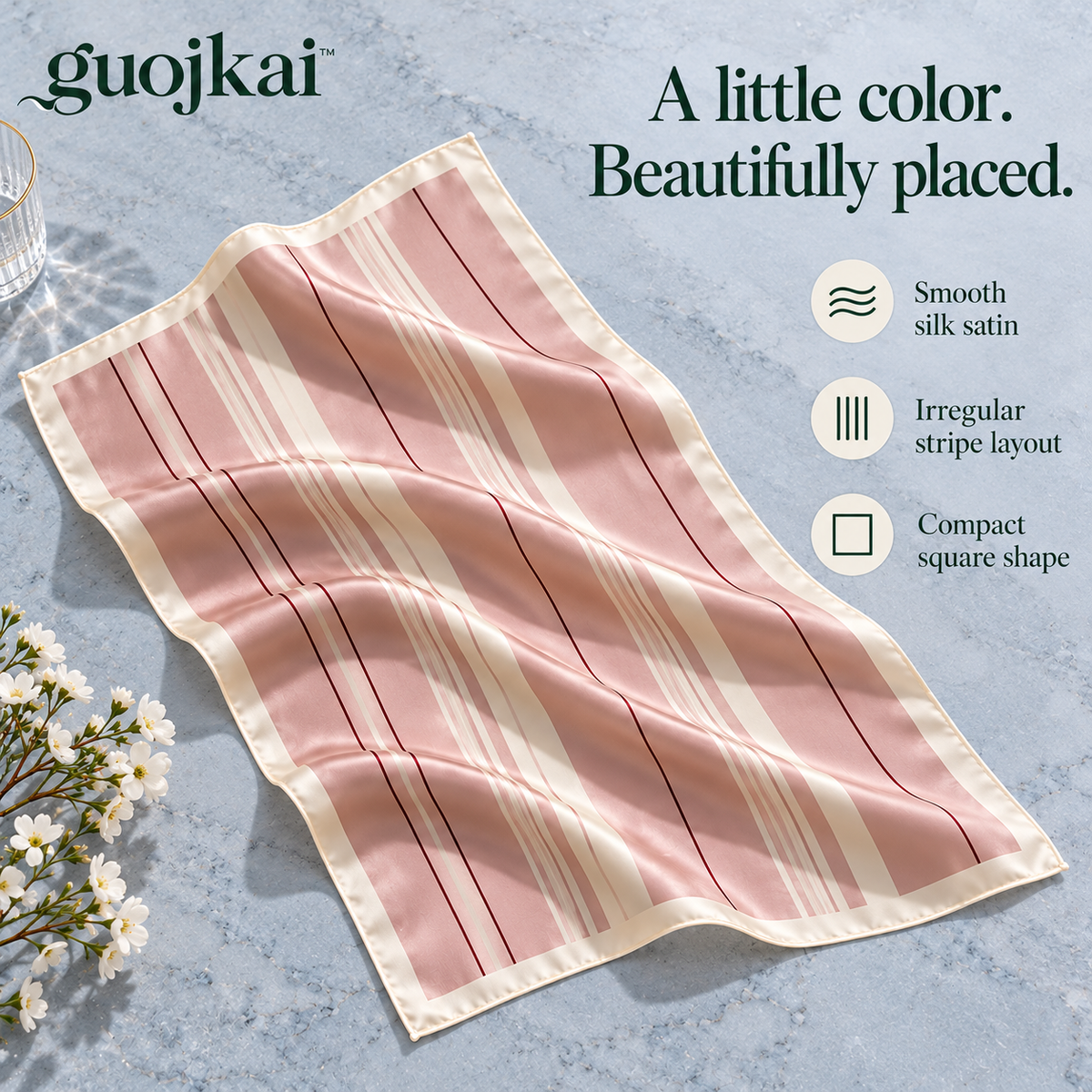 guojkai™ Rosewater Lines Small Silk Square Scarf — Blush Striped Silk Satin Neckerchief & Hair Tie, 21" x 21"