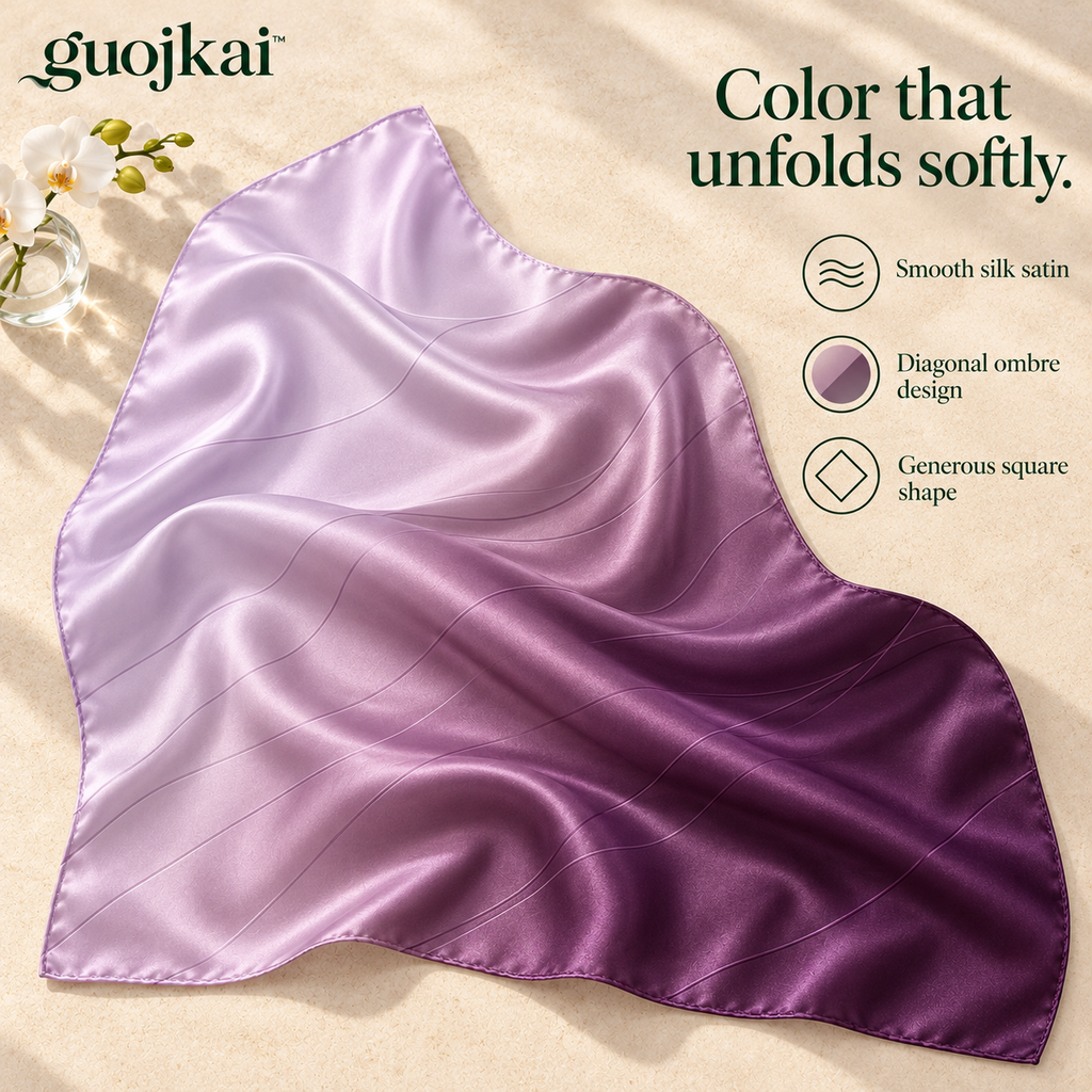 guojkai™ Lilac Passage Large Silk Square Scarf — Lilac Ombre Silk Satin Head & Neck Scarf, 35" x 35"