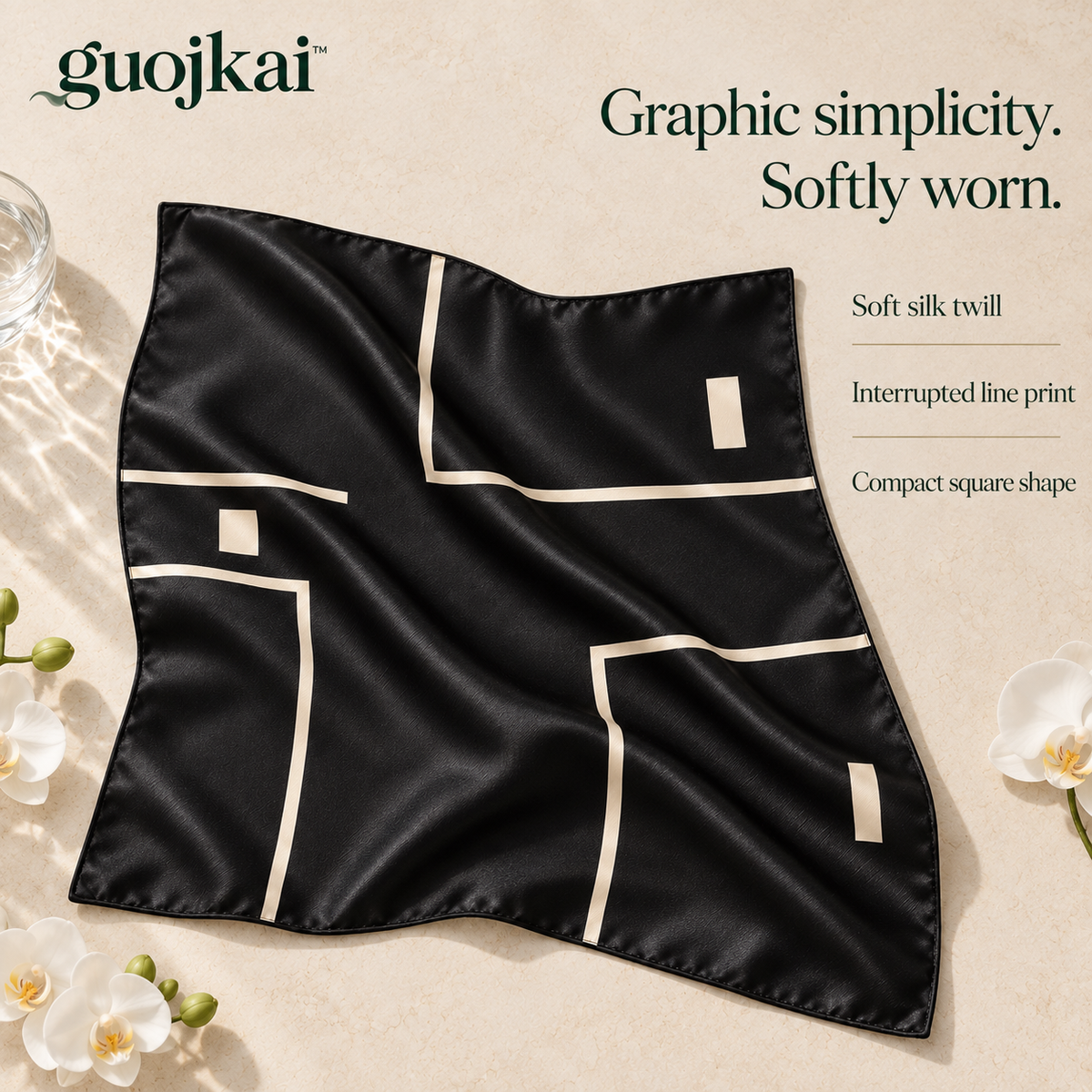 guojkai™ Noir Interval Small Silk Square Scarf — Black & Ivory Graphic Silk Twill Neck Scarf, 21" x 21"