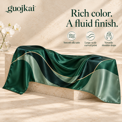 guojkai™ Emerald Afterglow Silk Wrap Scarf — Emerald & Ink Abstract Silk Satin Evening Shawl, 20" x 70"