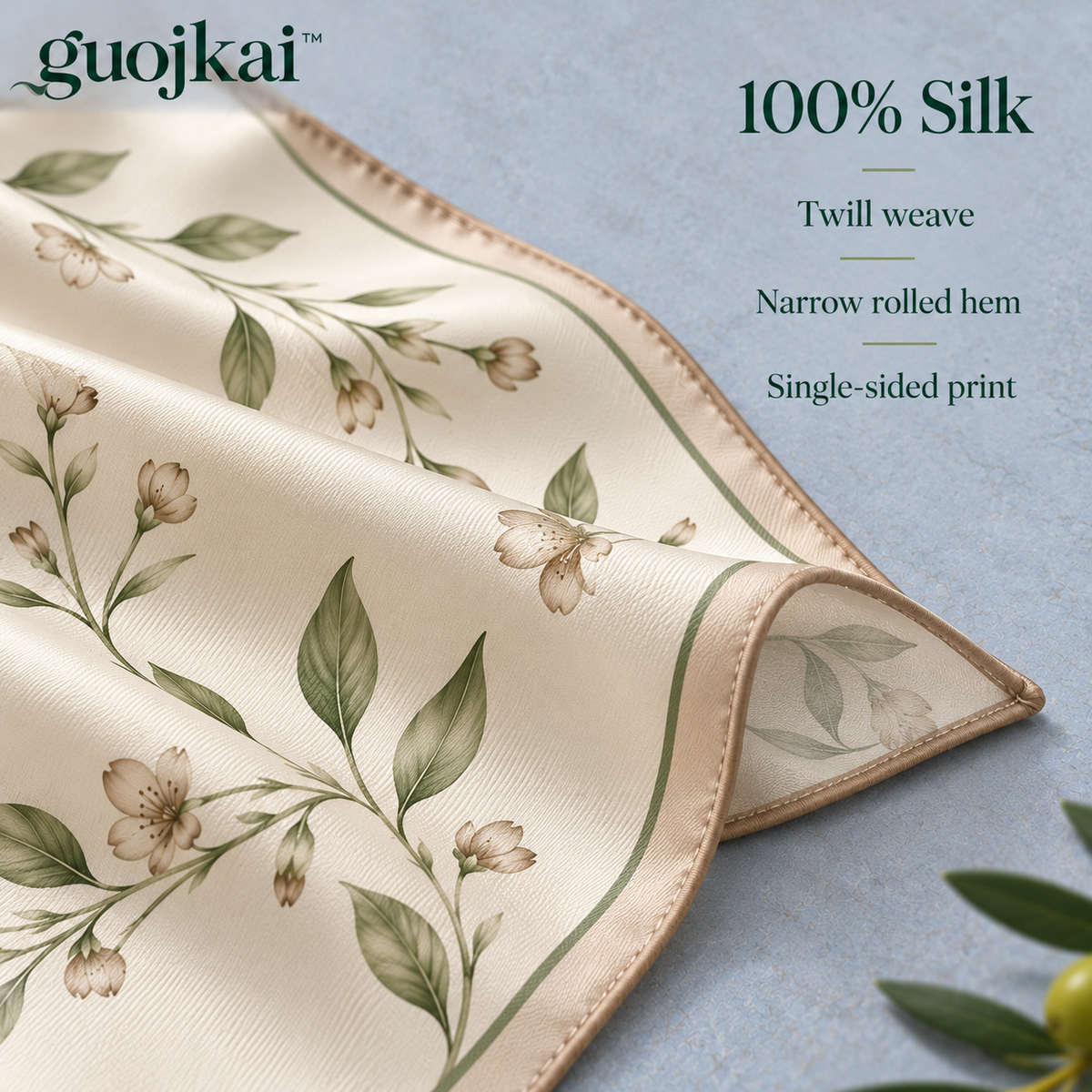 guojkai™ Ivory Reverie Silk Square Scarf — 100% Silk Twill Botanical Print Neck & Hair Scarf, 27.5" x 27.5"