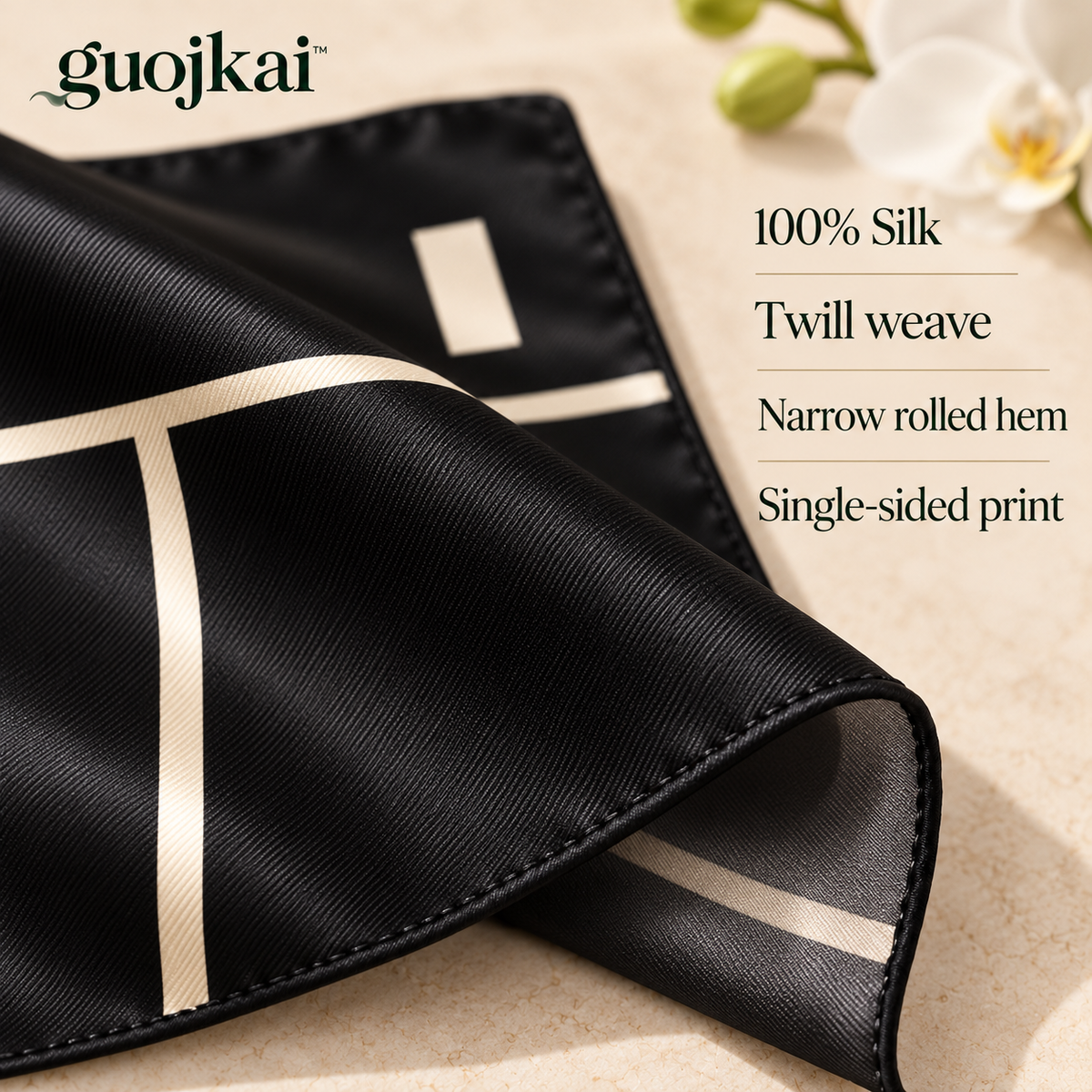 guojkai™ Noir Interval Small Silk Square Scarf — Black & Ivory Graphic Silk Twill Neck Scarf, 21" x 21"