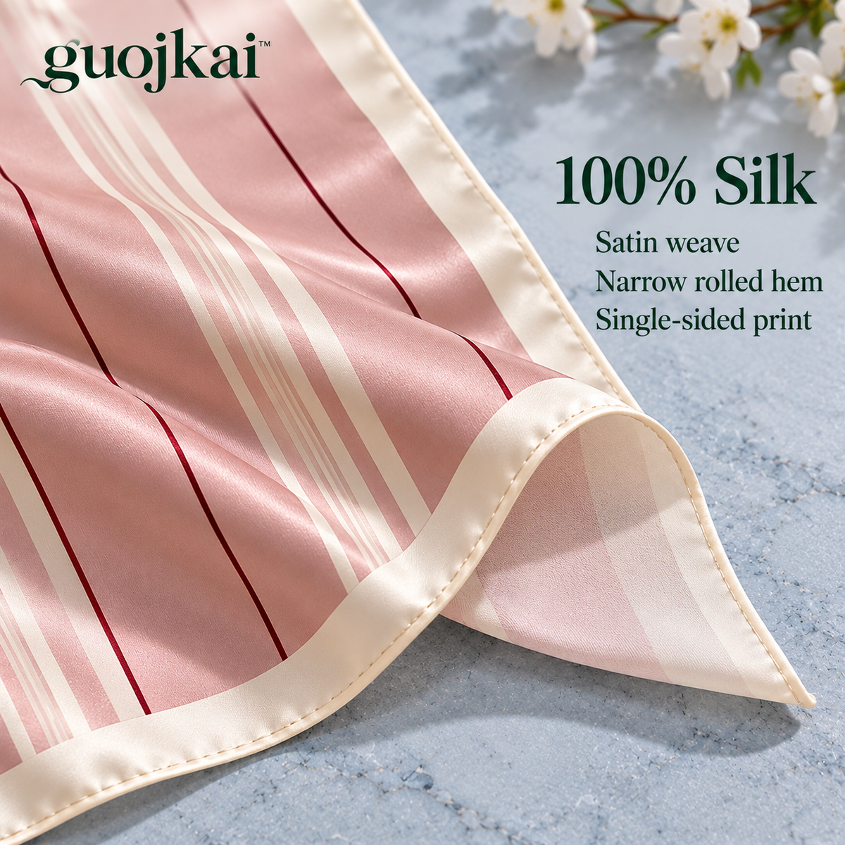 guojkai™ Rosewater Lines Small Silk Square Scarf — Blush Striped Silk Satin Neckerchief & Hair Tie, 21" x 21"