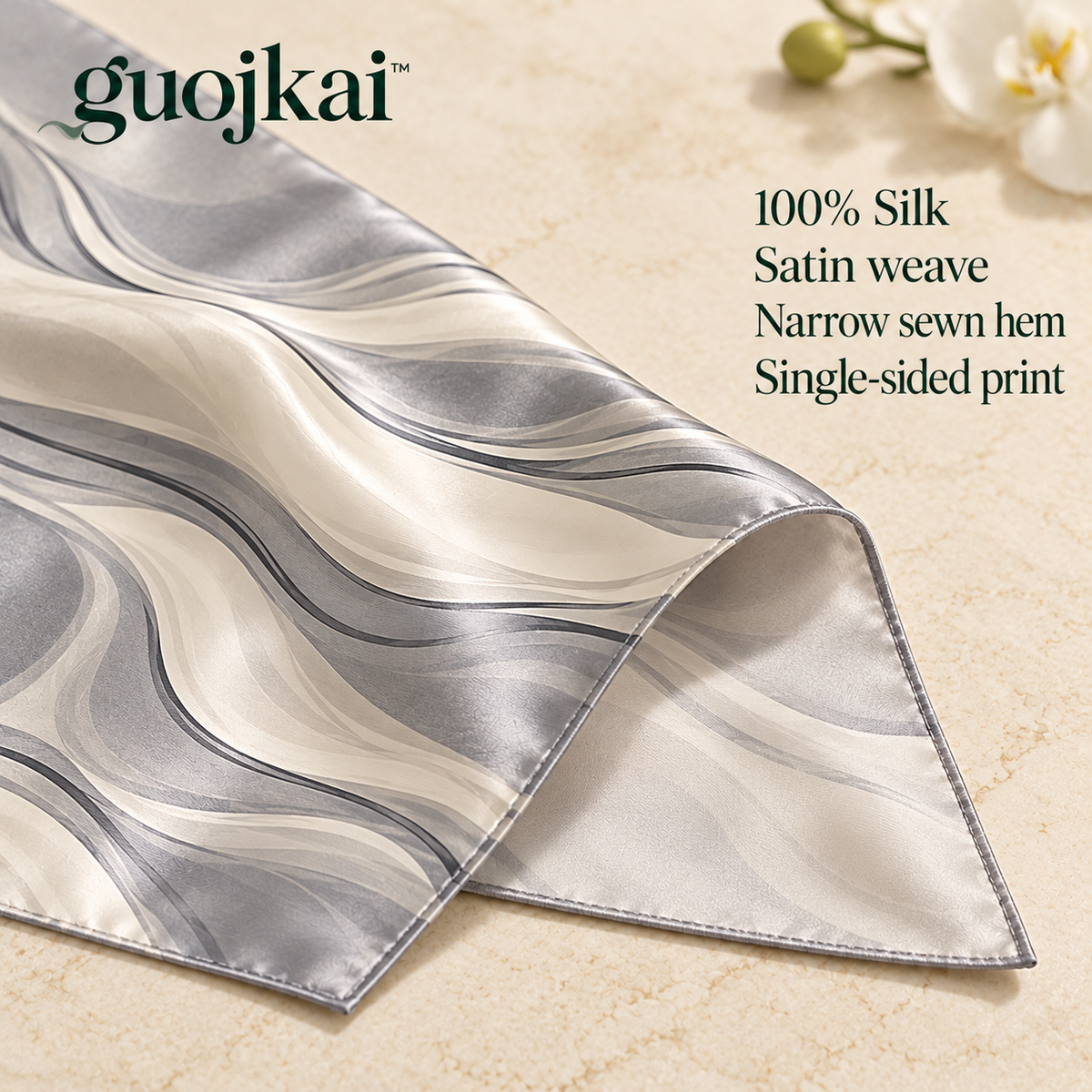 guojkai™ Pearl Current Long Silk Scarf — Pearl Gray Abstract Wave Silk Satin Neck Scarf, 12" x 70"