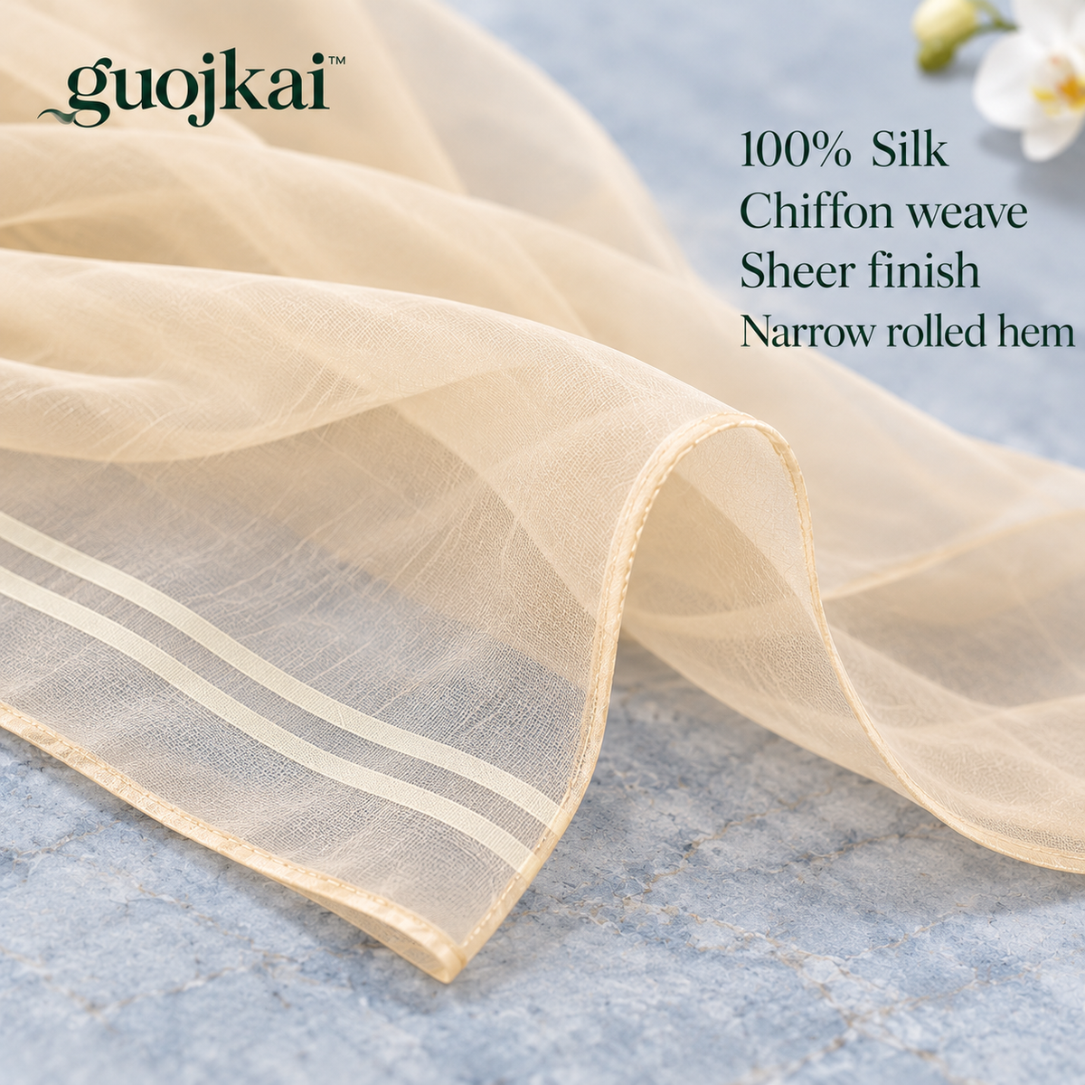 guojkai™ Champagne Veil Silk Chiffon Wrap — Sheer Champagne Evening Scarf & Lightweight Shawl, 20" x 70"