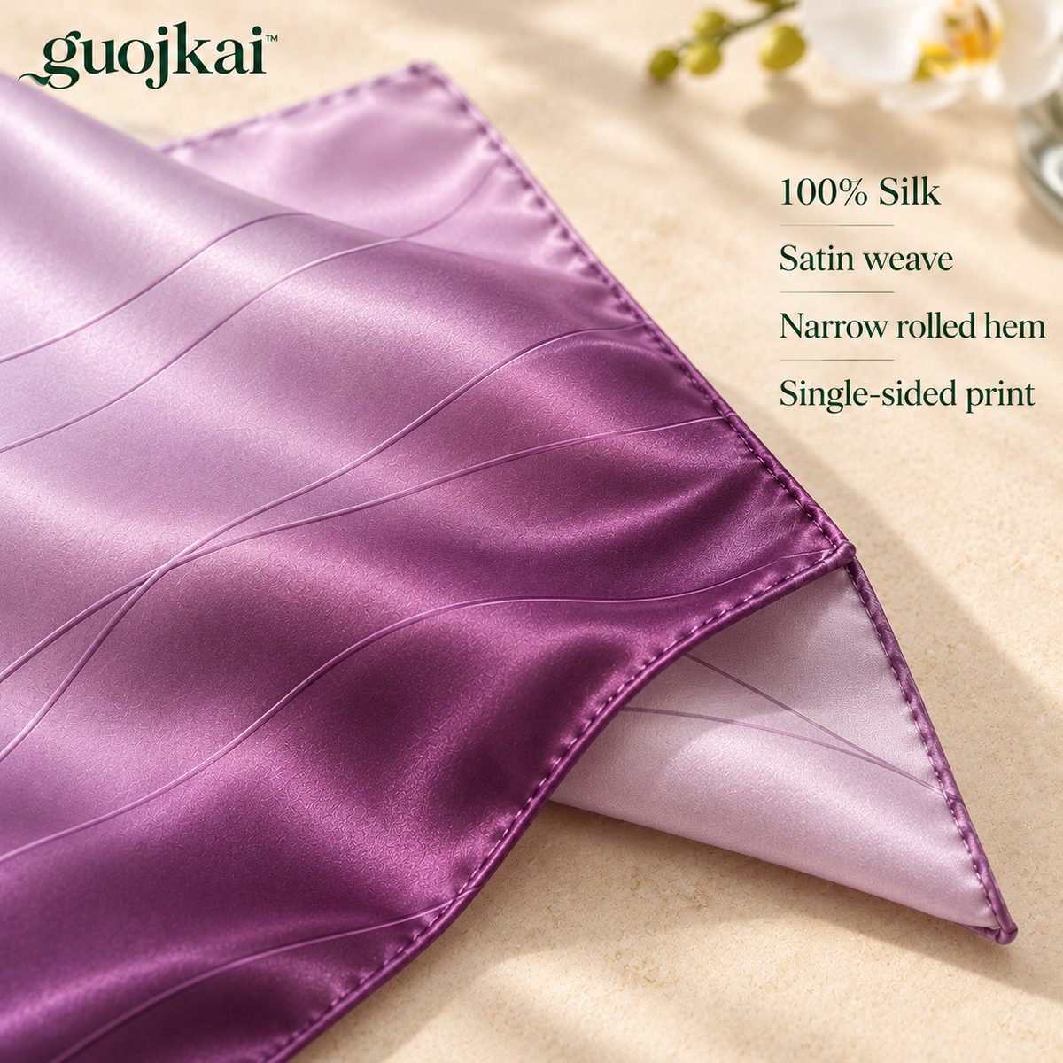 guojkai™ Lilac Passage Large Silk Square Scarf — Lilac Ombre Silk Satin Head & Neck Scarf, 35" x 35"