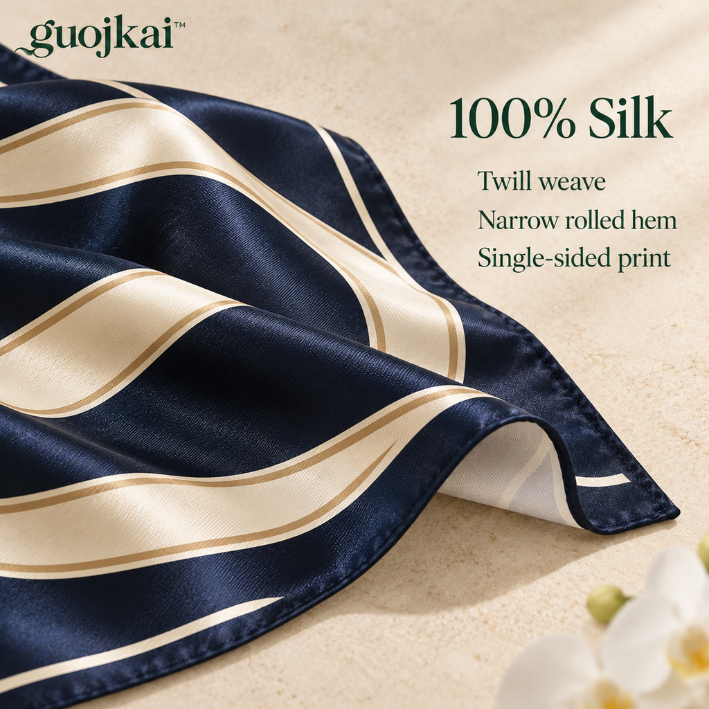 guojkai™ Midnight Ribbon Large Silk Square Scarf — Navy Abstract Ribbon Print Silk Twill Head & Neck Scarf, 35" x 35"