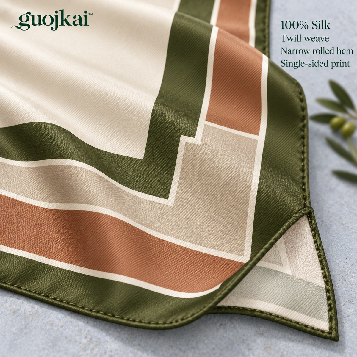 guojkai™ Olive Terrace Large Silk Square Scarf — Olive & Cream Geometric Silk Twill Neck Scarf, 35" x 35"