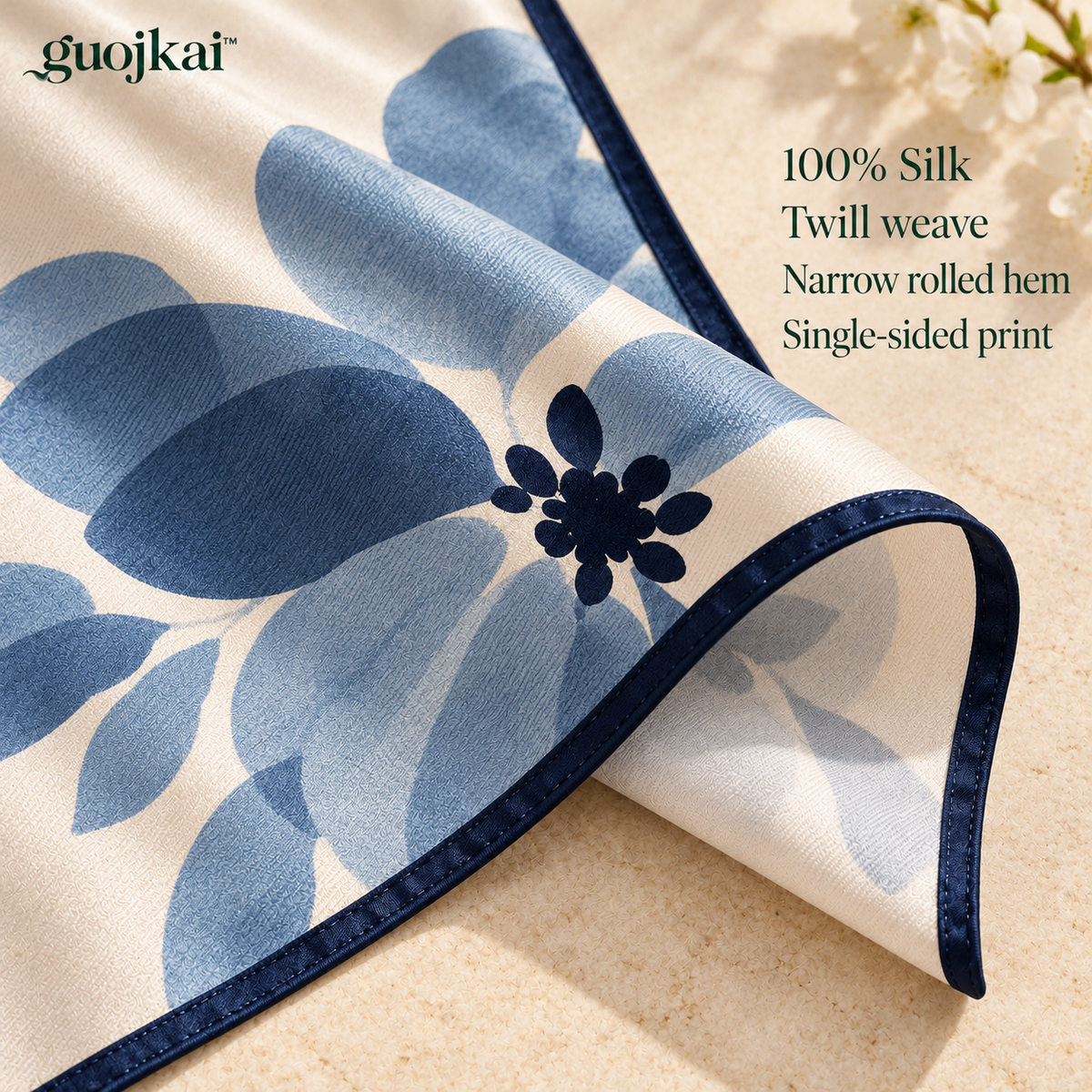 guojkai™ Blue Hour Petals Silk Square Scarf — Dusty Blue Floral Silk Twill Neck & Hair Scarf, 27.5" x 27.5"