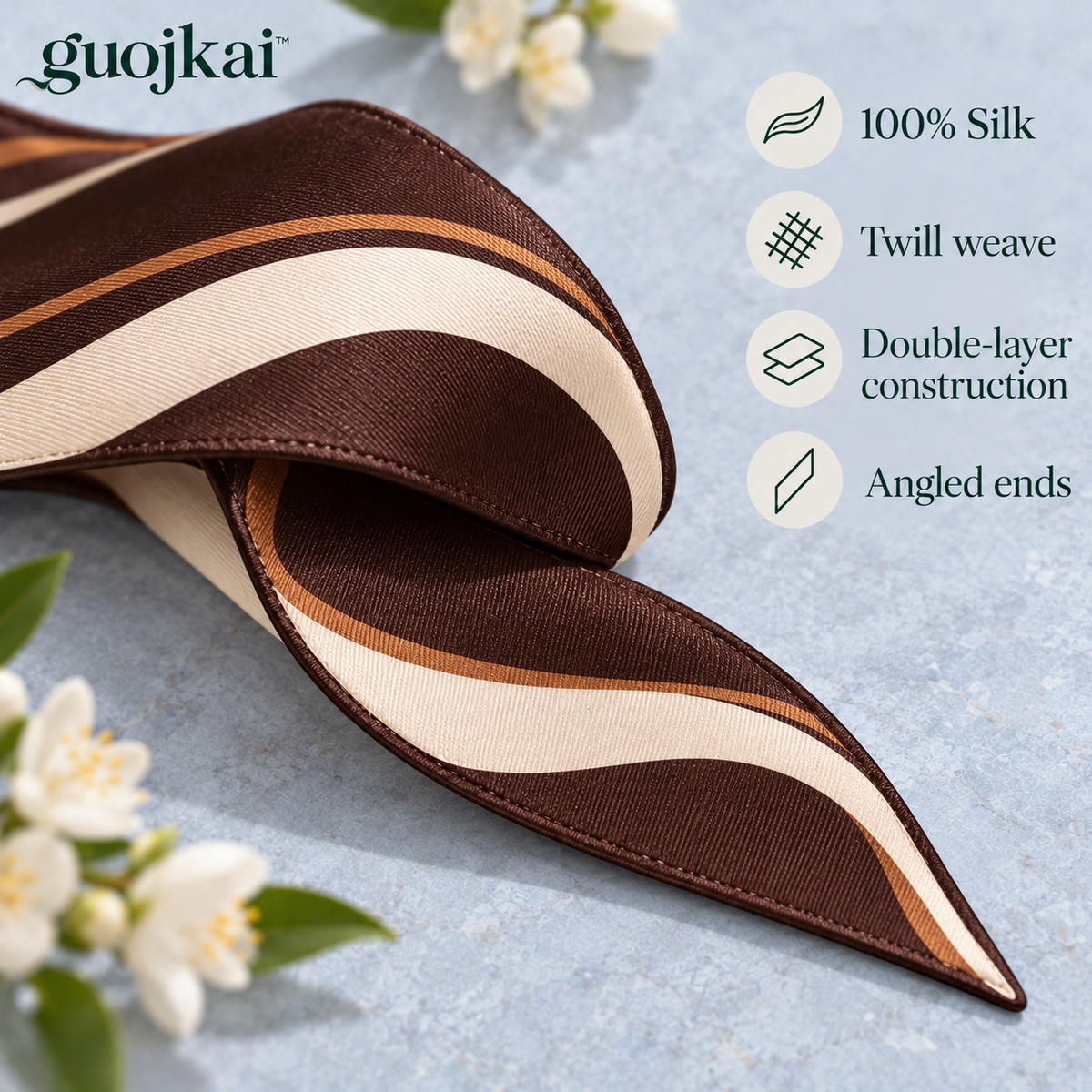 guojkai™ Café Contour Skinny Silk Scarf — Espresso Abstract Line Silk Twill Neck Tie & Bag Scarf, 2.5" x 47"