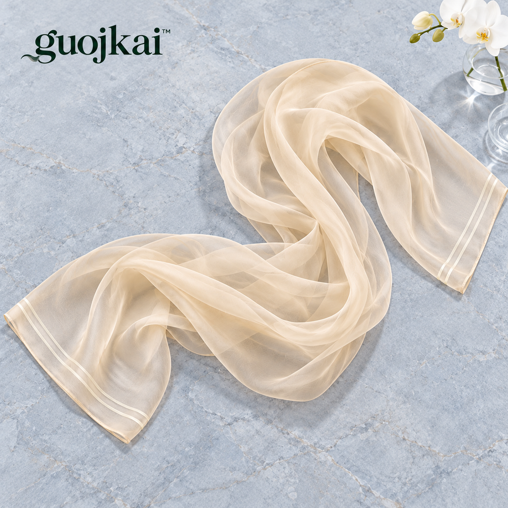 guojkai™ Champagne Veil Silk Chiffon Wrap — Sheer Champagne Evening Scarf & Lightweight Shawl, 20" x 70"