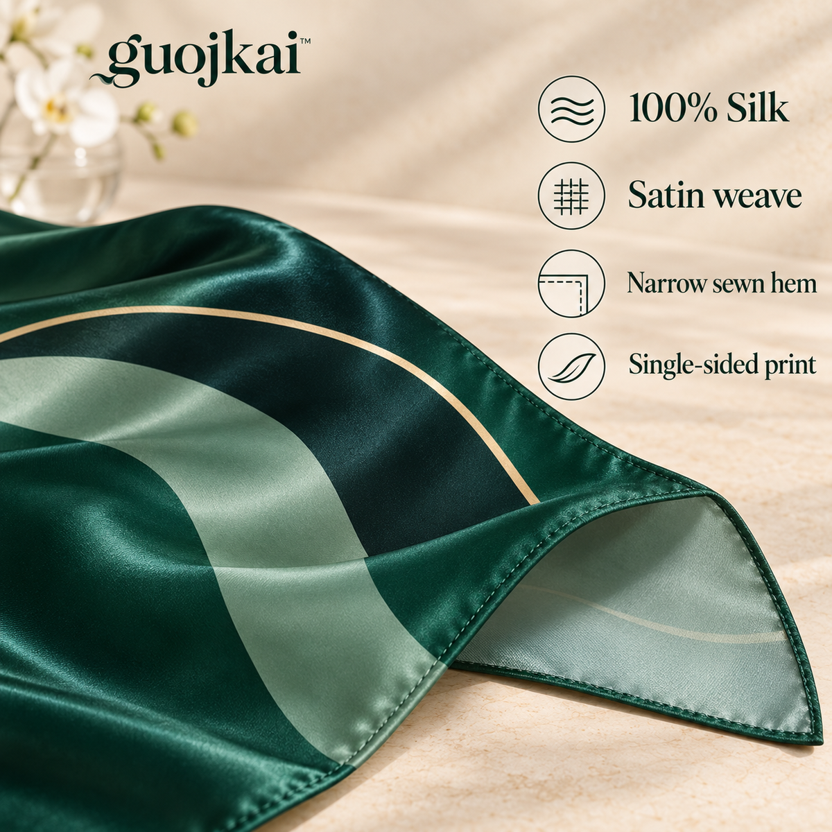 guojkai™ Emerald Afterglow Silk Wrap Scarf — Emerald & Ink Abstract Silk Satin Evening Shawl, 20" x 70"