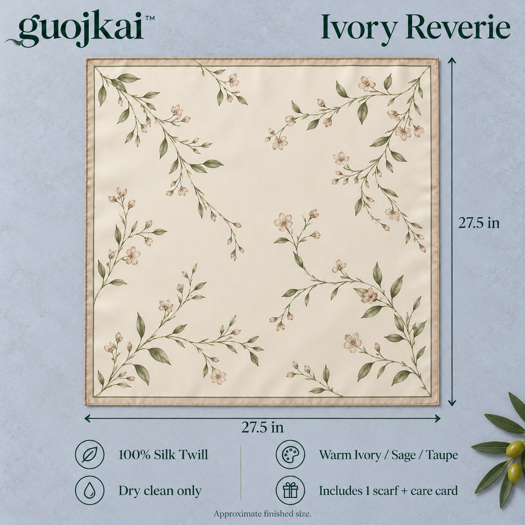 guojkai™ Ivory Reverie Silk Square Scarf — 100% Silk Twill Botanical Print Neck & Hair Scarf, 27.5" x 27.5"