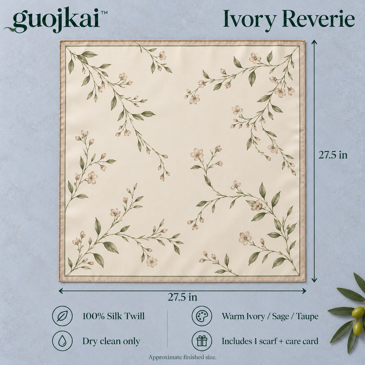 guojkai™ Ivory Reverie Silk Square Scarf — 100% Silk Twill Botanical Print Neck & Hair Scarf, 27.5" x 27.5"