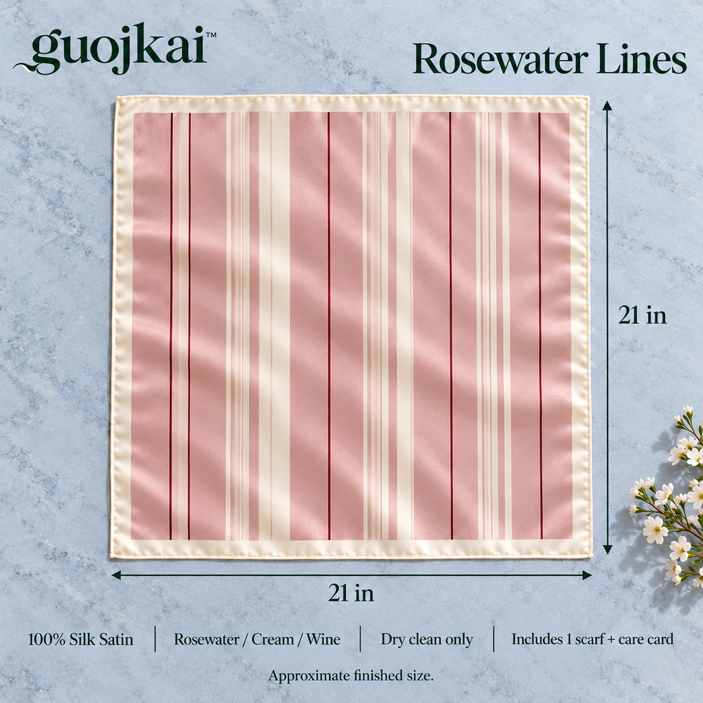 guojkai™ Rosewater Lines Small Silk Square Scarf — Blush Striped Silk Satin Neckerchief & Hair Tie, 21" x 21"