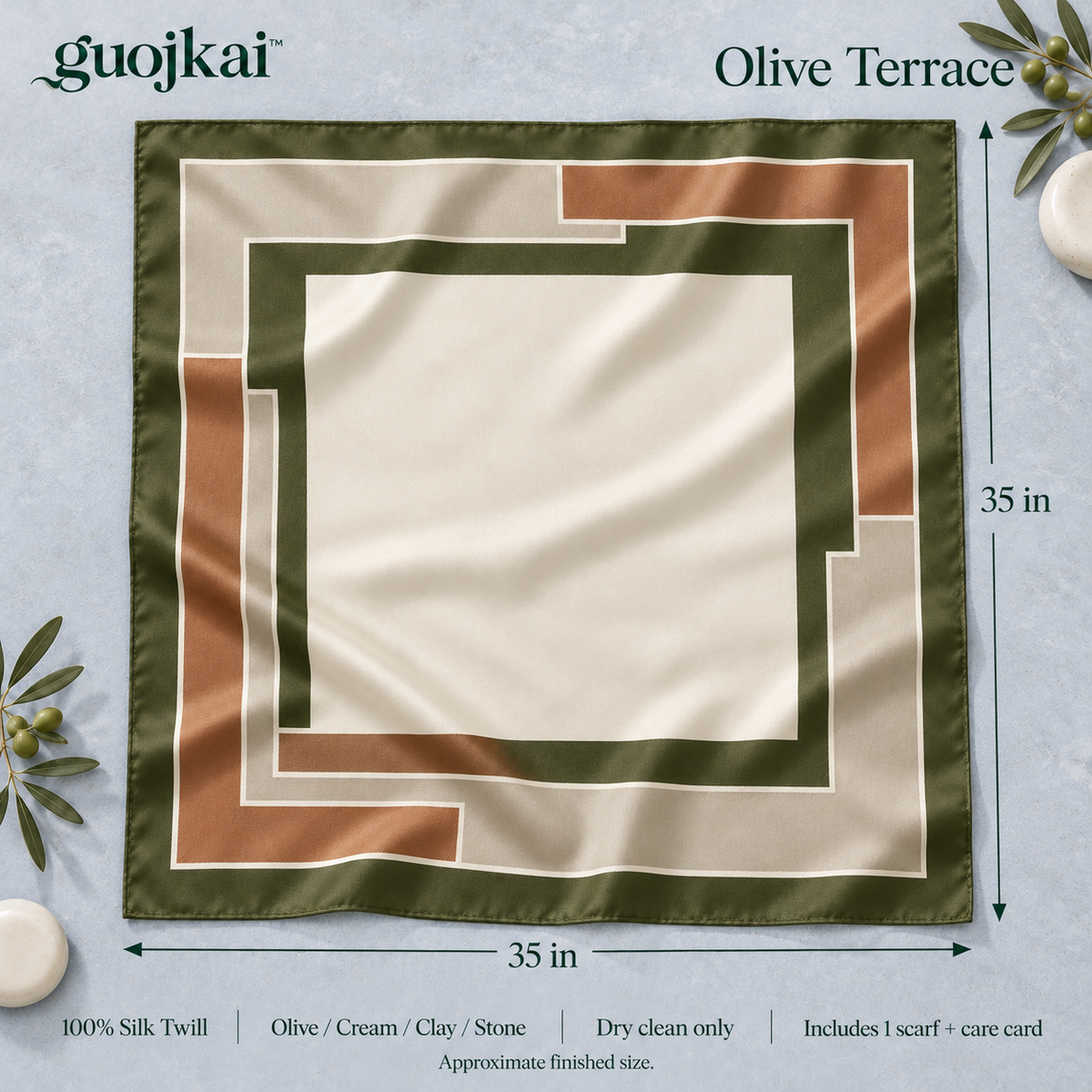 guojkai™ Olive Terrace Large Silk Square Scarf — Olive & Cream Geometric Silk Twill Neck Scarf, 35" x 35"