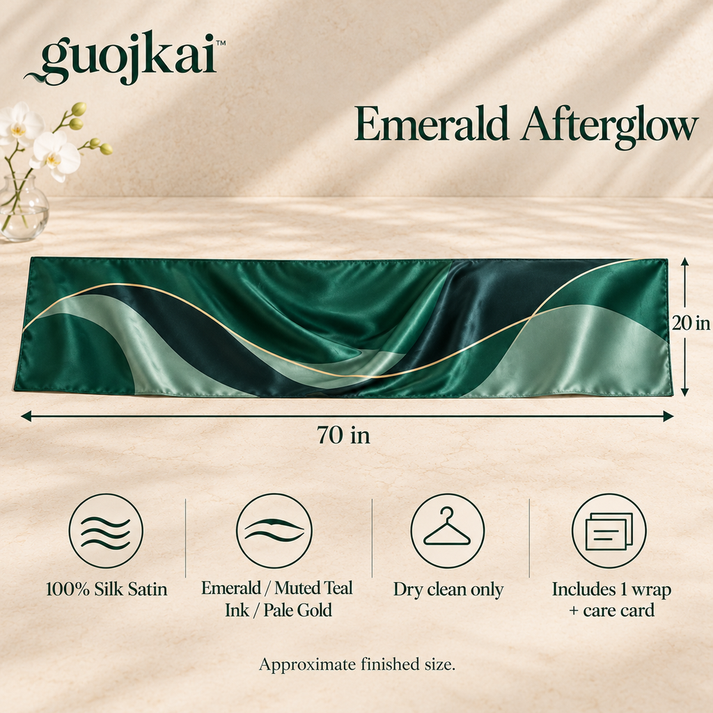 guojkai™ Emerald Afterglow Silk Wrap Scarf — Emerald & Ink Abstract Silk Satin Evening Shawl, 20" x 70"