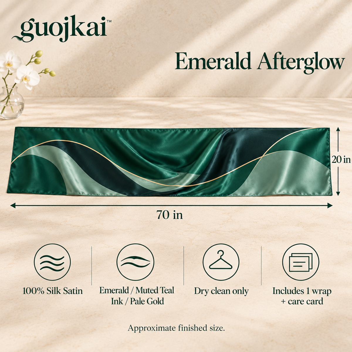 guojkai™ Emerald Afterglow Silk Wrap Scarf — Emerald & Ink Abstract Silk Satin Evening Shawl, 20" x 70"