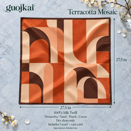 guojkai™ Terracotta Mosaic Silk Square Scarf — Terracotta Geometric Print Silk Twill Neckerchief, 27.5" x 27.5"