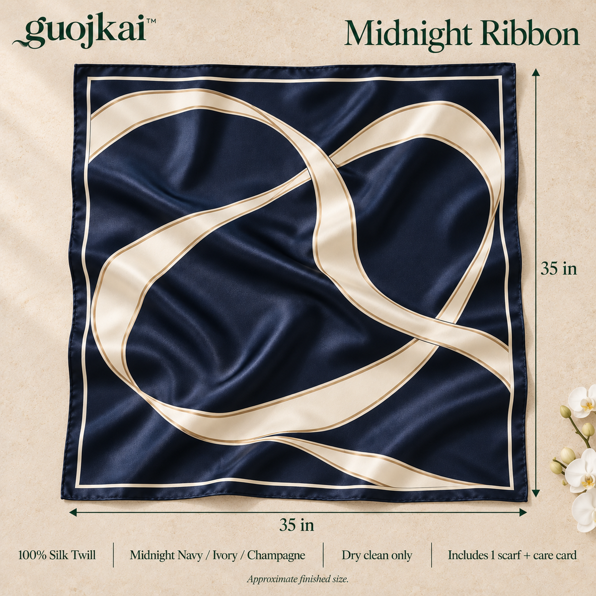 guojkai™ Midnight Ribbon Large Silk Square Scarf — Navy Abstract Ribbon Print Silk Twill Head & Neck Scarf, 35" x 35"