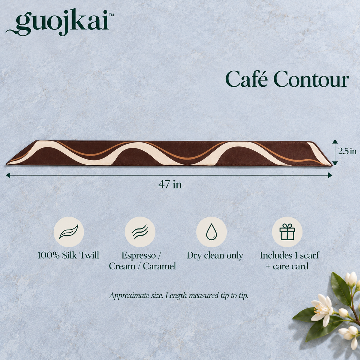 guojkai™ Café Contour Skinny Silk Scarf — Espresso Abstract Line Silk Twill Neck Tie & Bag Scarf, 2.5" x 47"