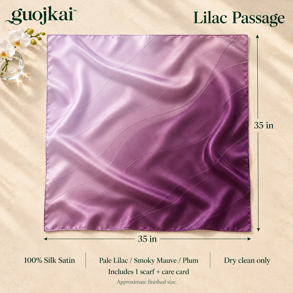 guojkai™ Lilac Passage Large Silk Square Scarf — Lilac Ombre Silk Satin Head & Neck Scarf, 35" x 35"