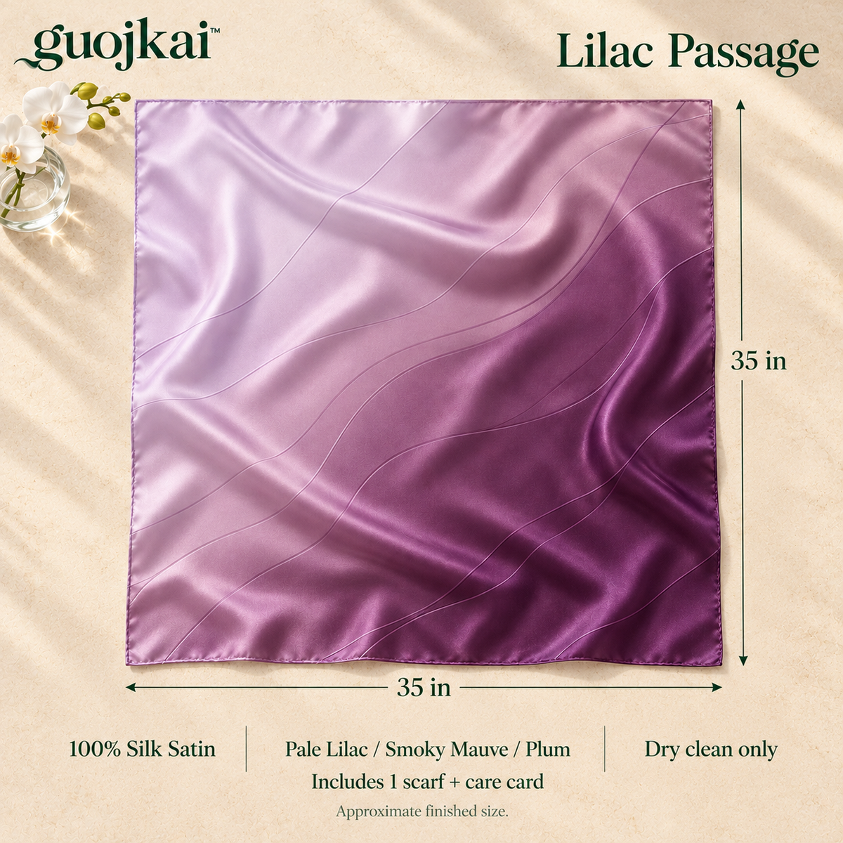 guojkai™ Lilac Passage Large Silk Square Scarf — Lilac Ombre Silk Satin Head & Neck Scarf, 35" x 35"