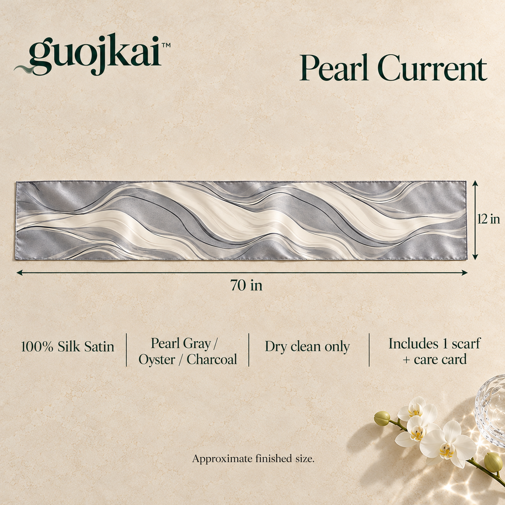 guojkai™ Pearl Current Long Silk Scarf — Pearl Gray Abstract Wave Silk Satin Neck Scarf, 12" x 70"