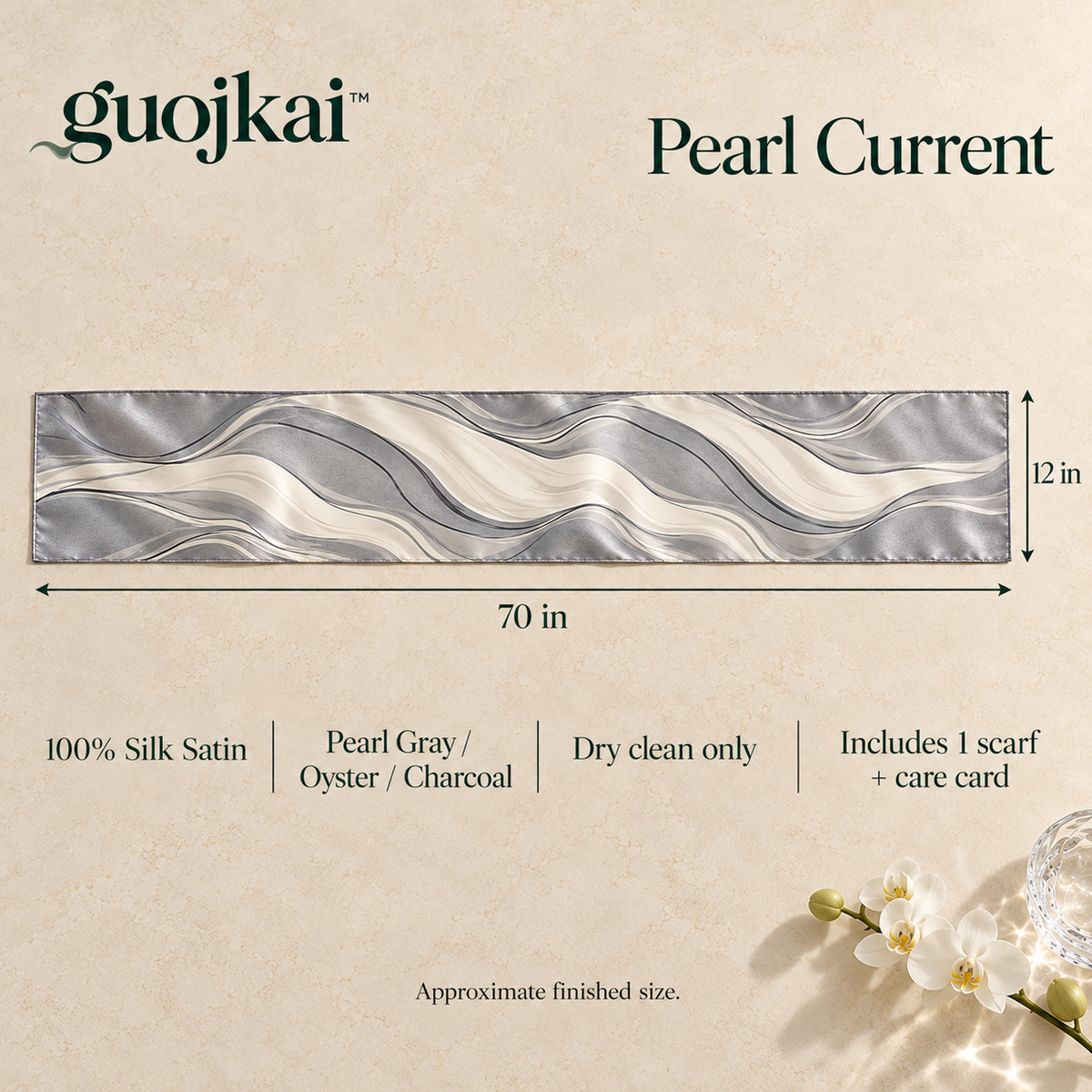 guojkai™ Pearl Current Long Silk Scarf — Pearl Gray Abstract Wave Silk Satin Neck Scarf, 12" x 70"
