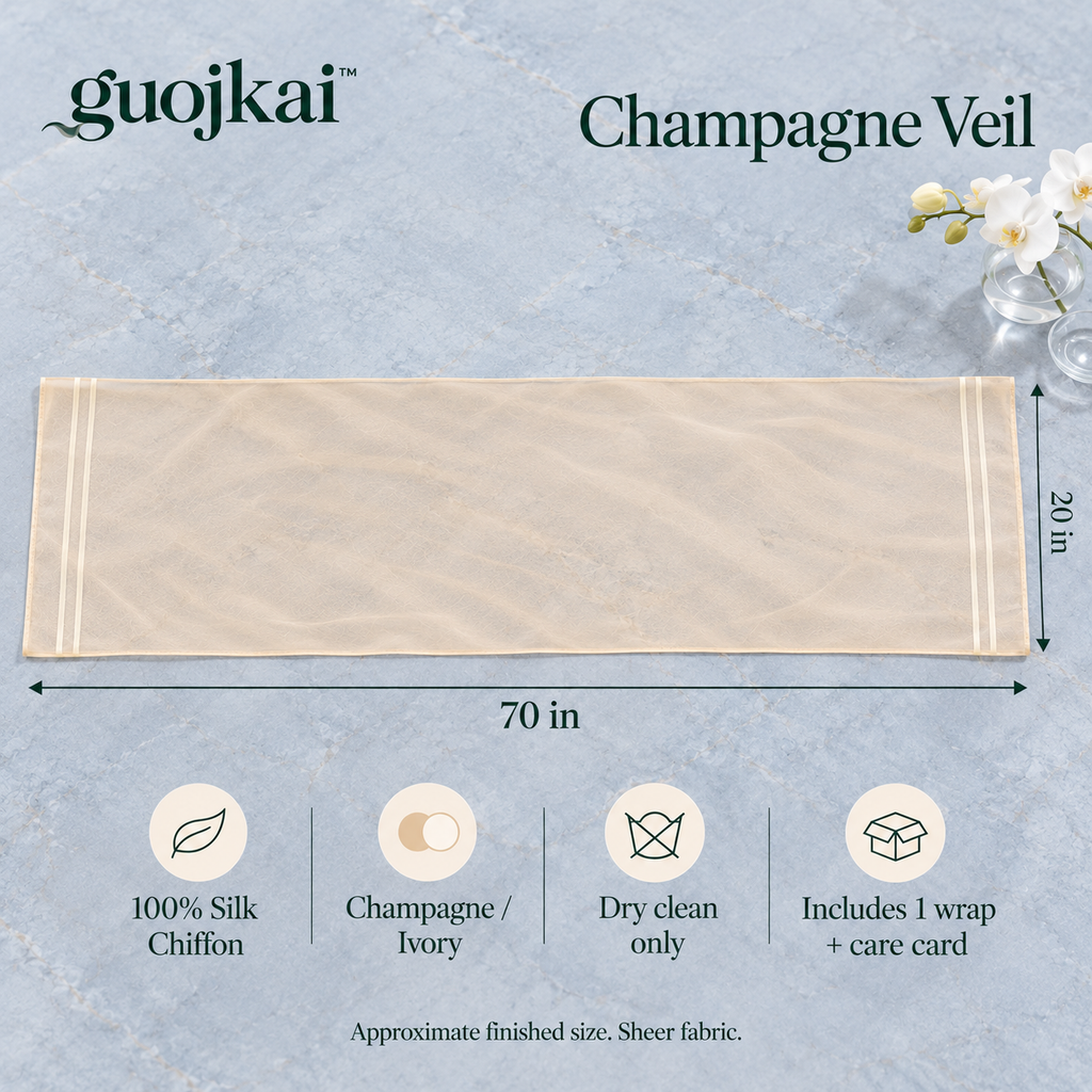 guojkai™ Champagne Veil Silk Chiffon Wrap — Sheer Champagne Evening Scarf & Lightweight Shawl, 20" x 70"