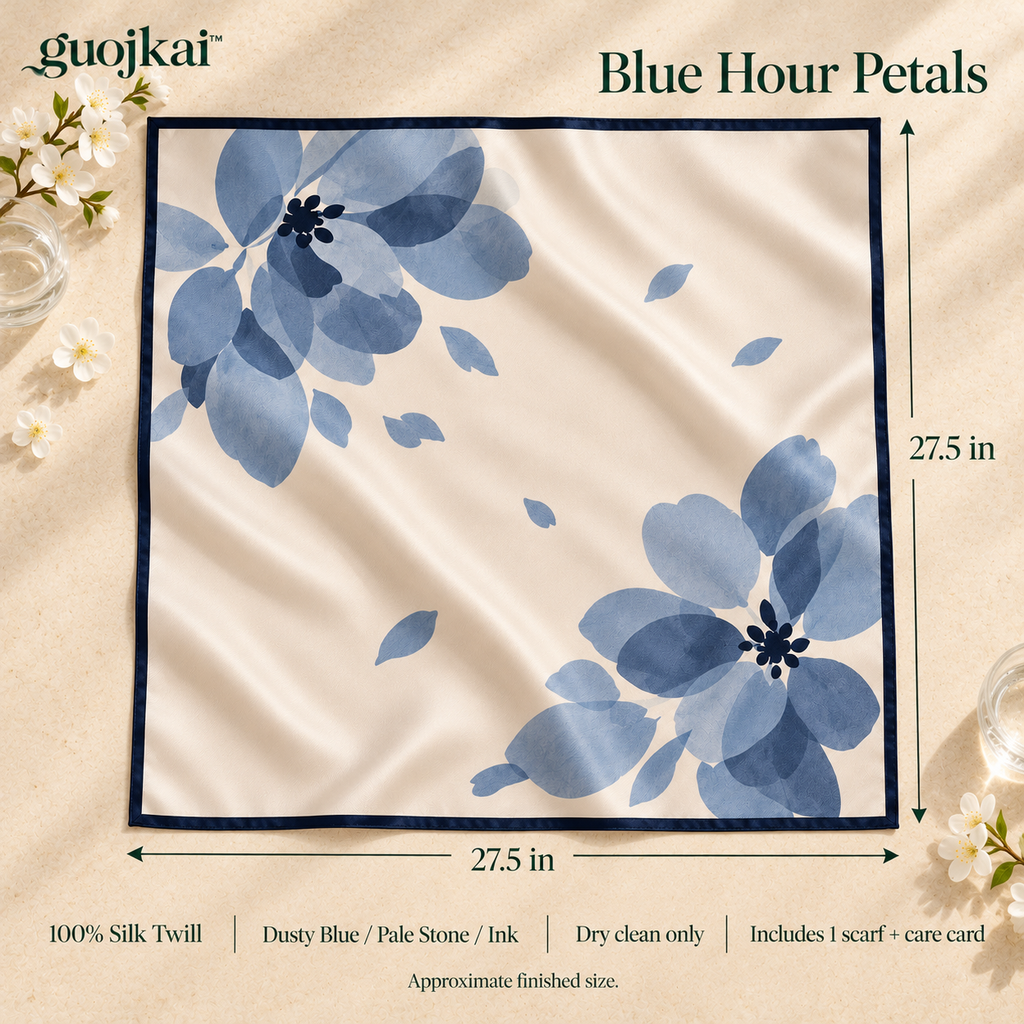 guojkai™ Blue Hour Petals Silk Square Scarf — Dusty Blue Floral Silk Twill Neck & Hair Scarf, 27.5" x 27.5"