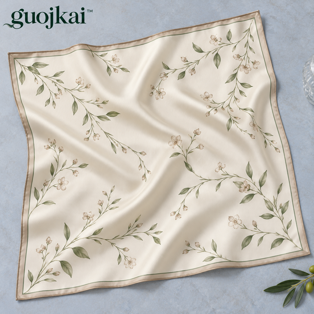 guojkai™ Ivory Reverie Silk Square Scarf — 100% Silk Twill Botanical Print Neck & Hair Scarf, 27.5" x 27.5"